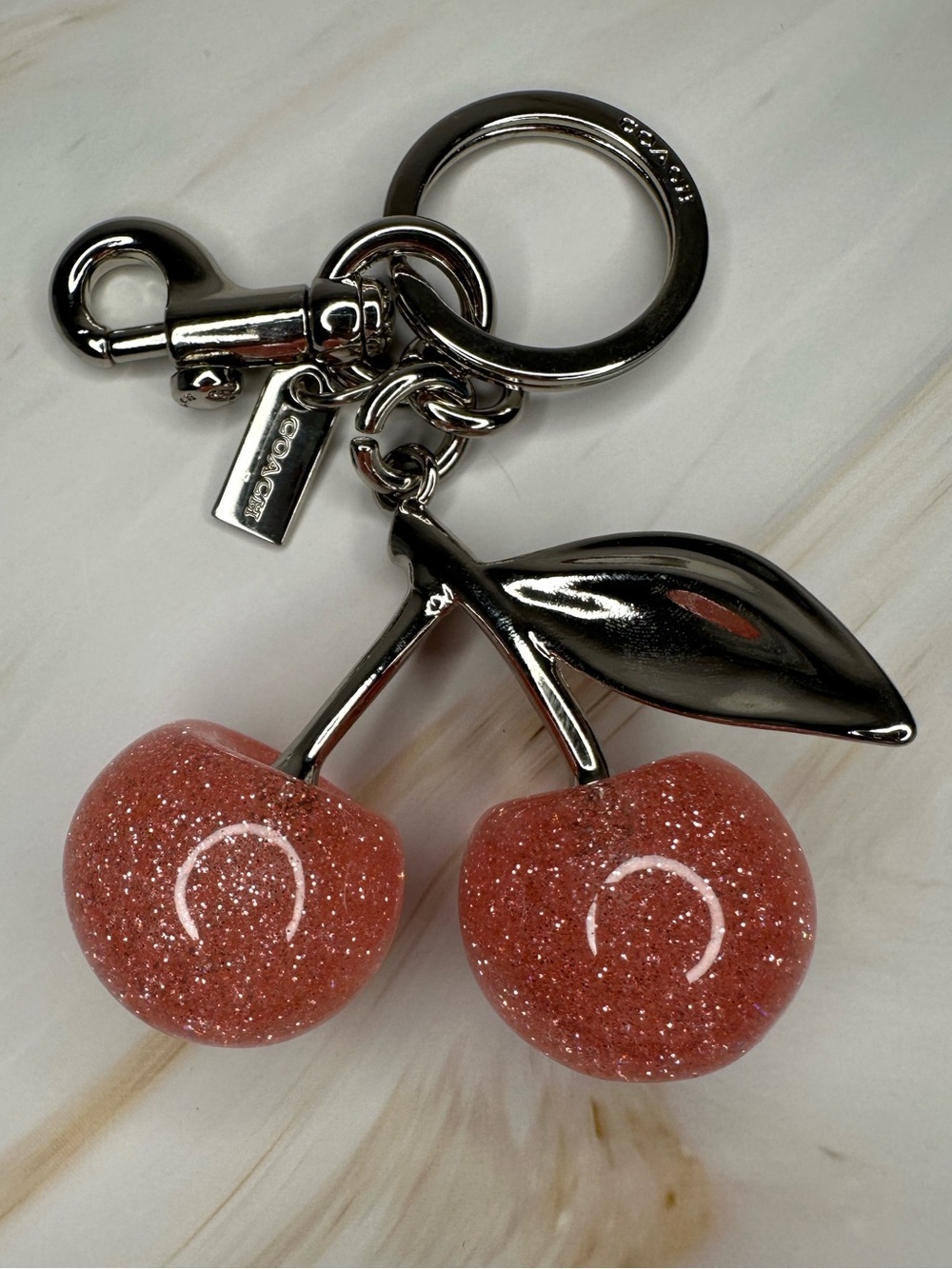 Coach Cherry Bag Charm Keychain Glitter Pink Silver New